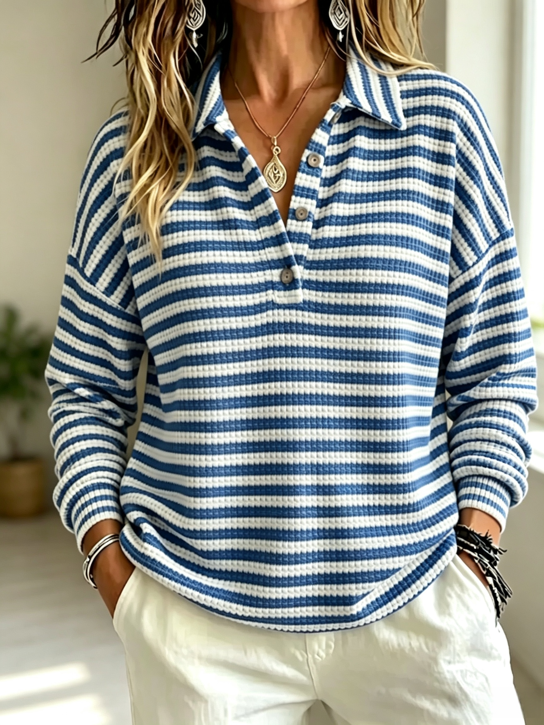 Women'S Fashion Striped Waffle Long-Sleeved Polo Shirt