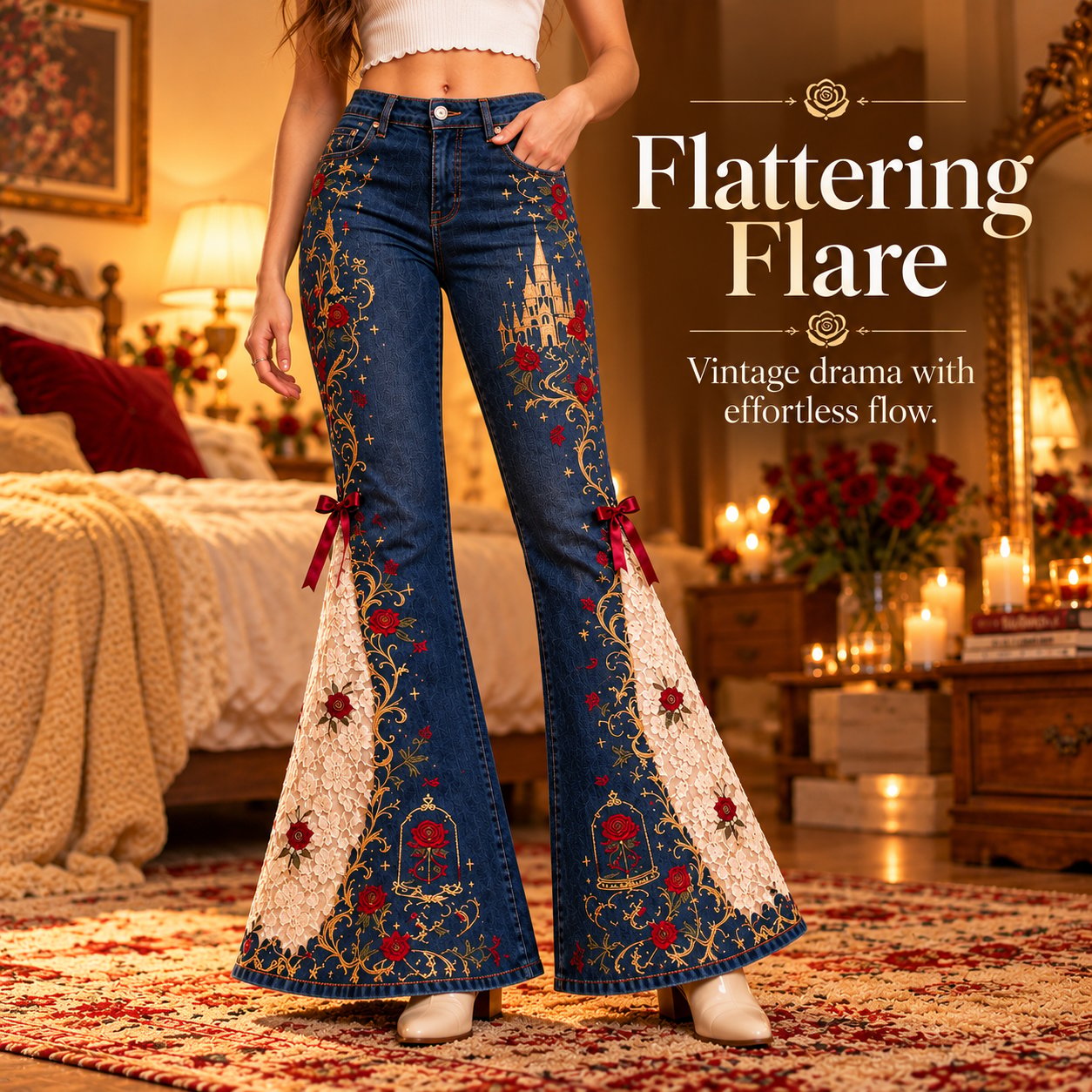 Vintage flare leg shape of embroidered jeans
