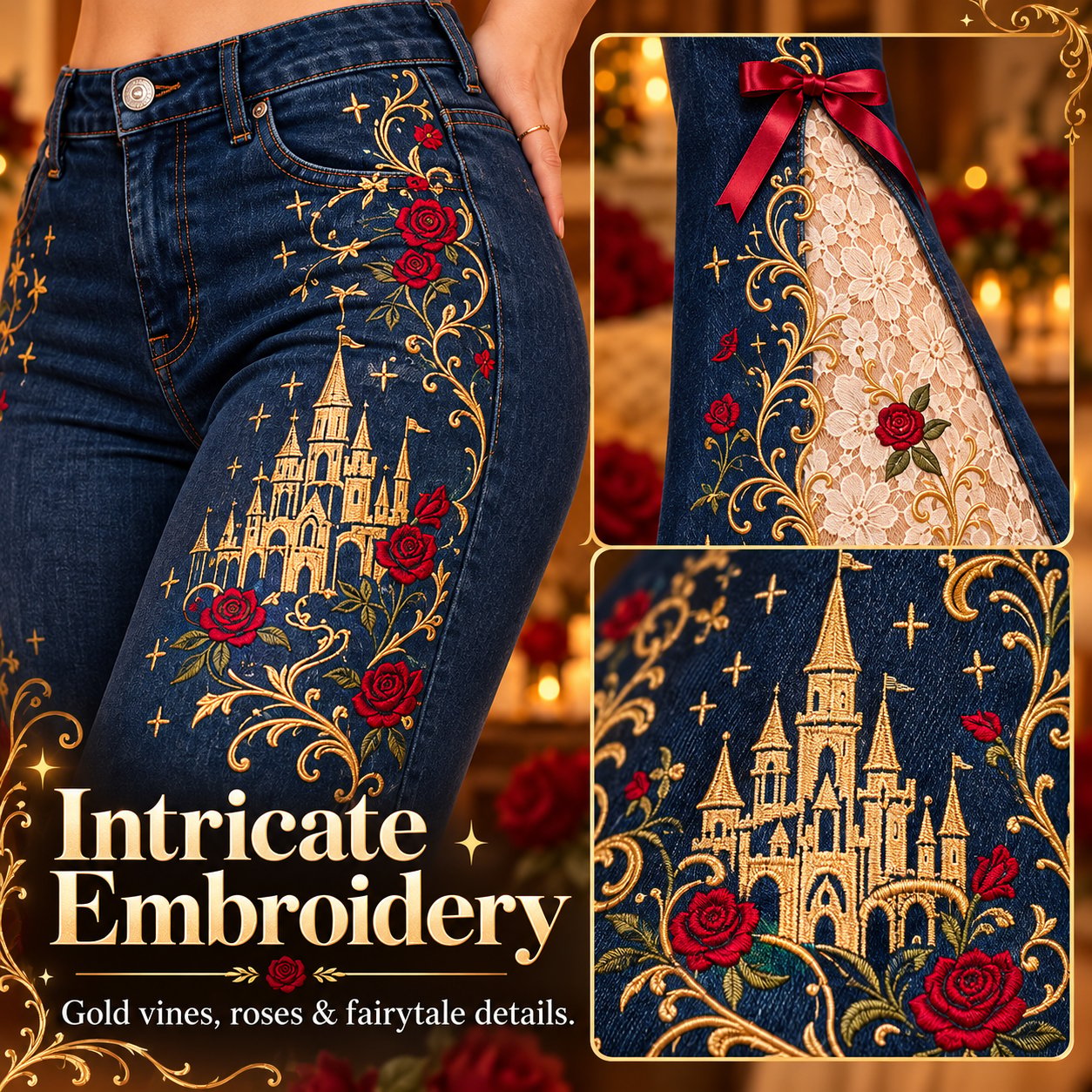 Gold vine crimson flower and castle inspired embroidery on jeans