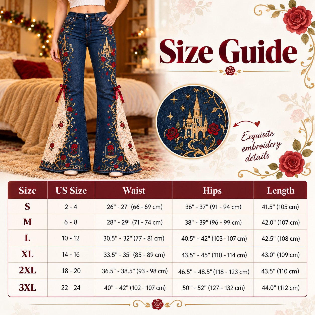 Size and measurement guide for embroidered flare jeans