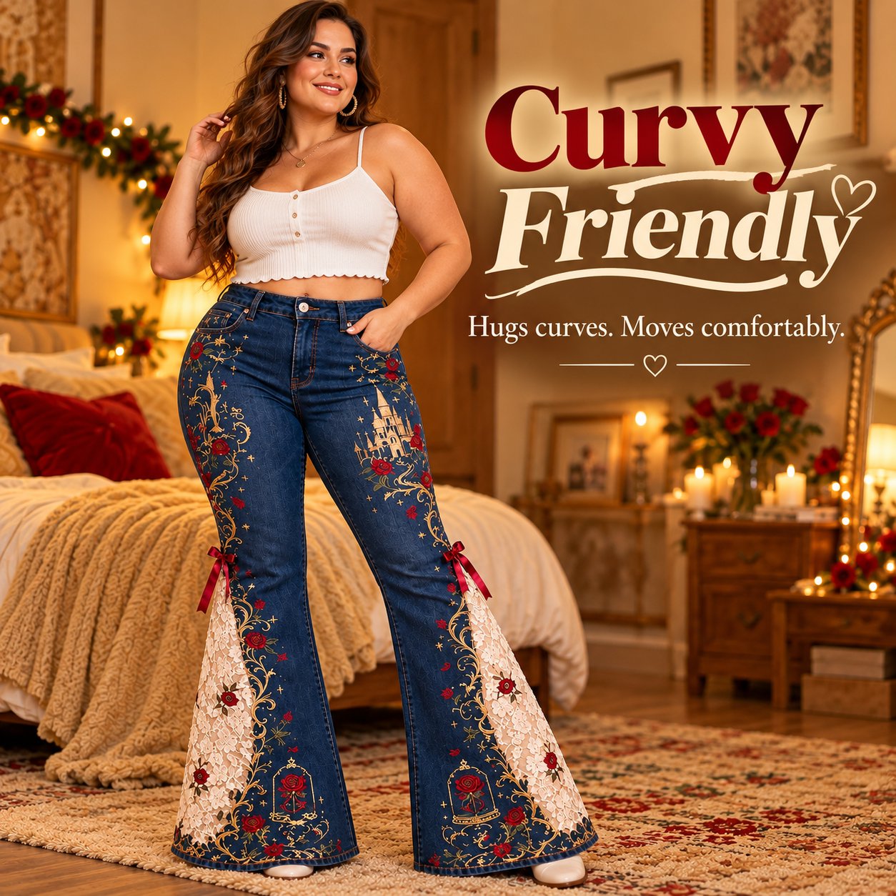 Embroidered flare jeans styled on a curvy figure