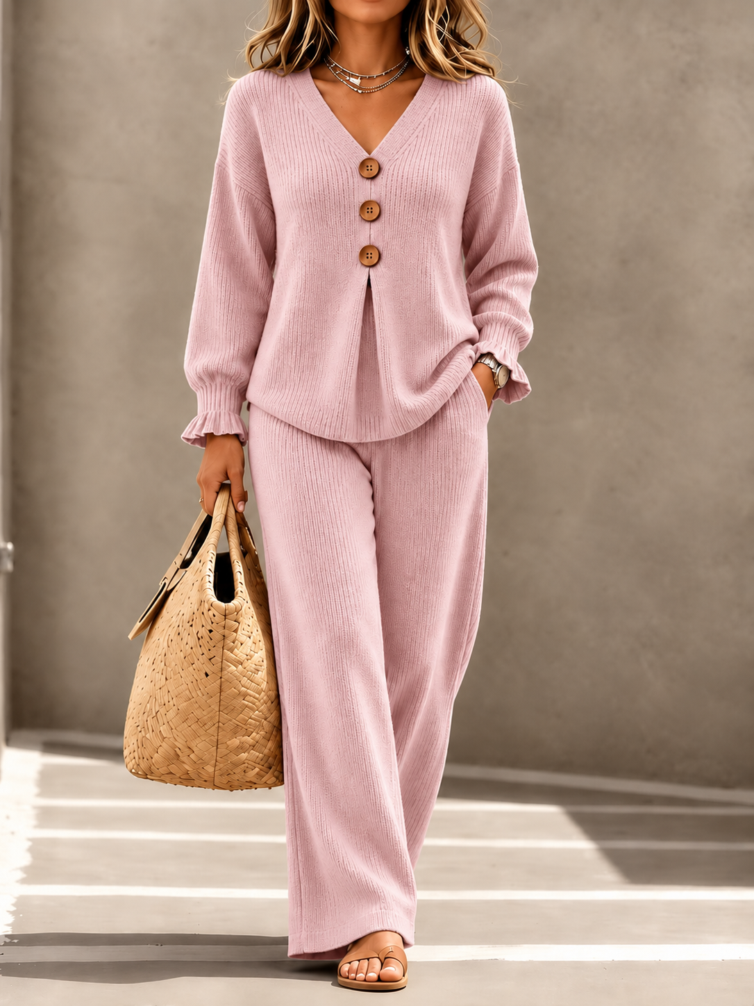 Women 2 Piece Knit Outfit Set, V-Neck Button Long Sleeve Ruffle Top & Wide Leg Pants Casual Loungewear