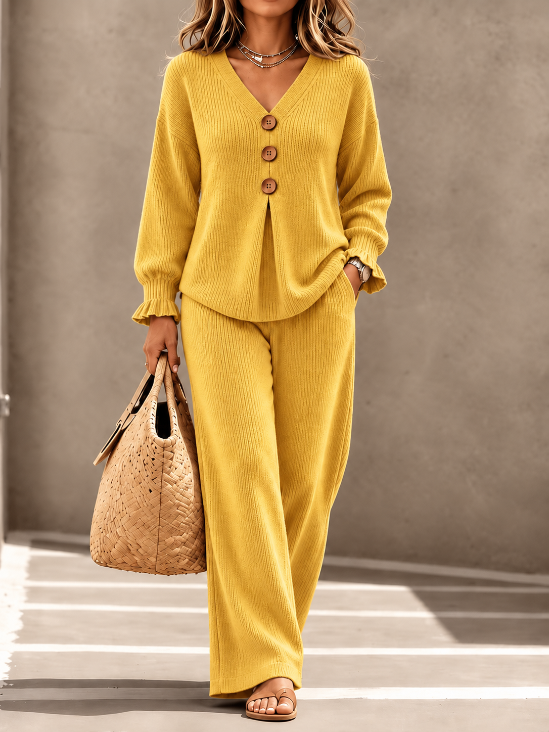 Women 2 Piece Knit Outfit Set, V-Neck Button Long Sleeve Ruffle Top & Wide Leg Pants Casual Loungewear
