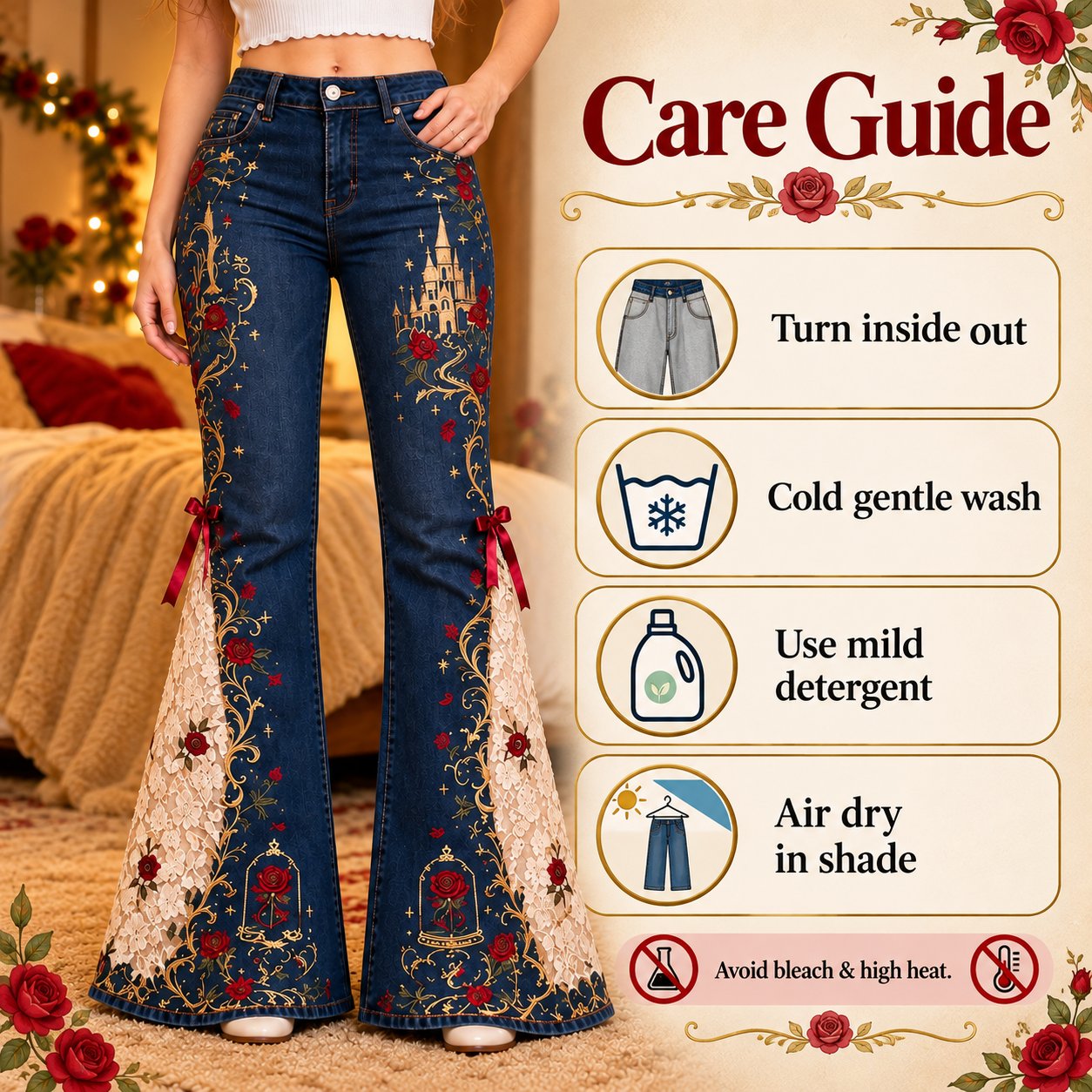Care guide for embroidered lace flare jeans
