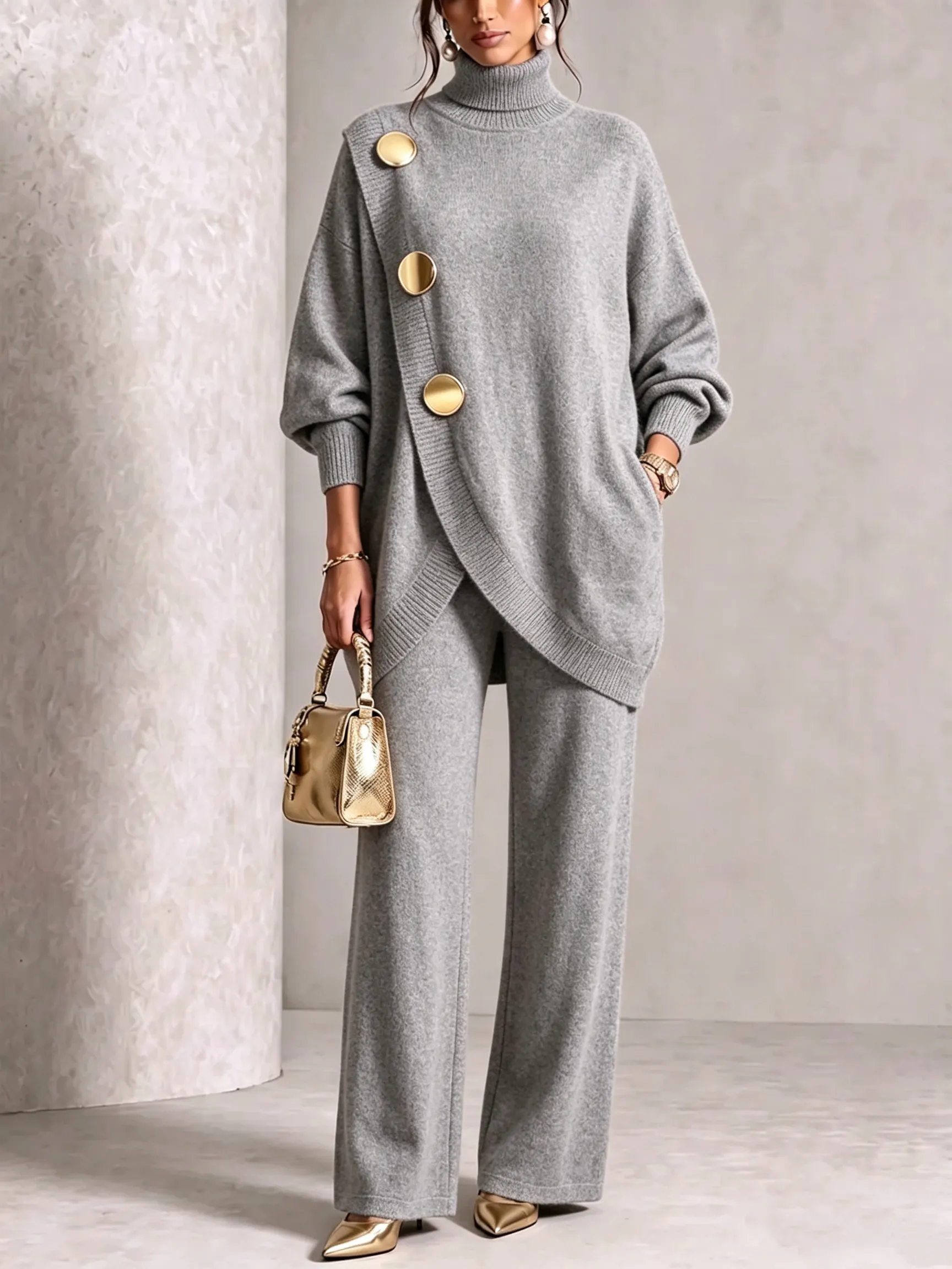 Gold-Button Asymmetric Knit Lounge Set