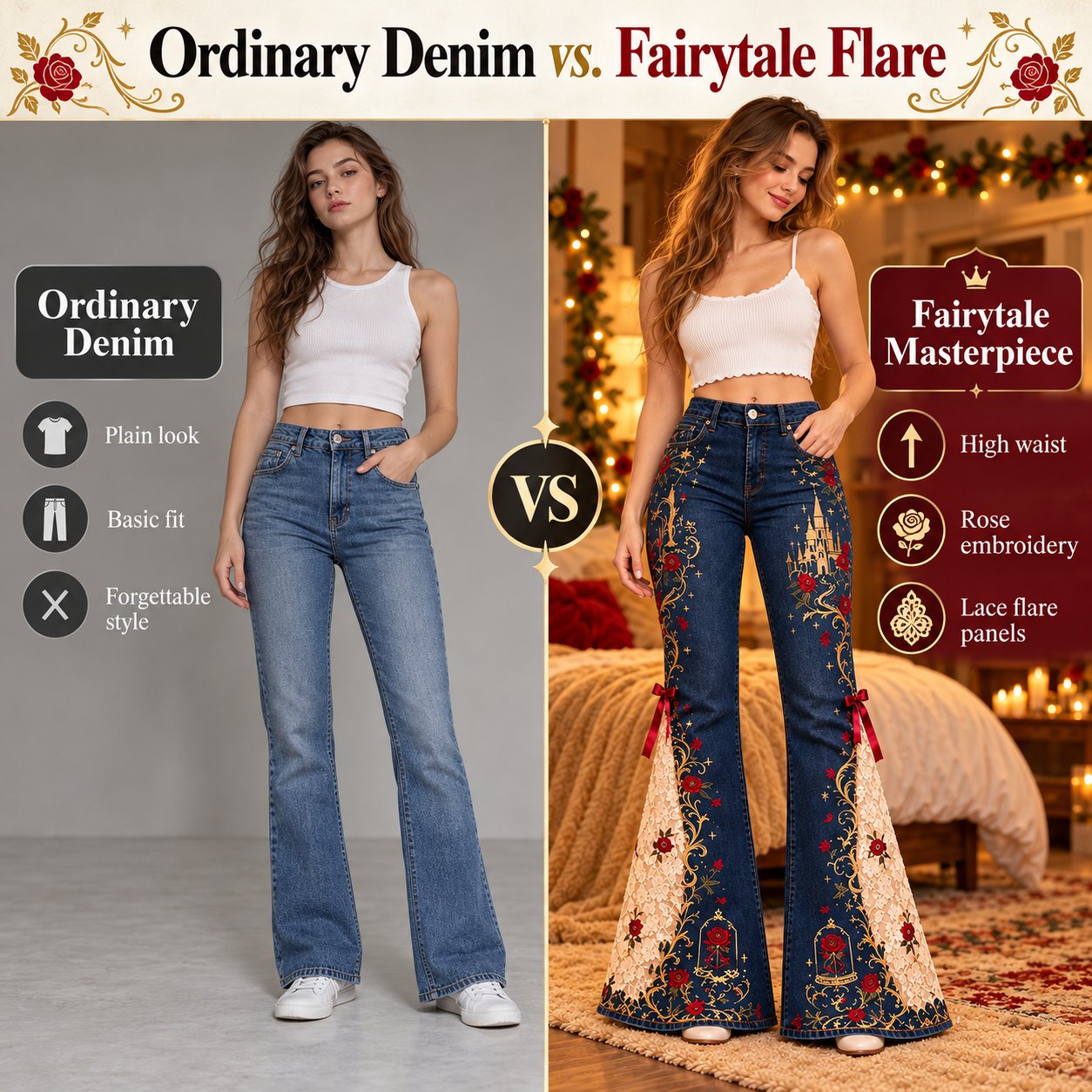 Romantic embroidered flare jeans with lace panels and ribbon details