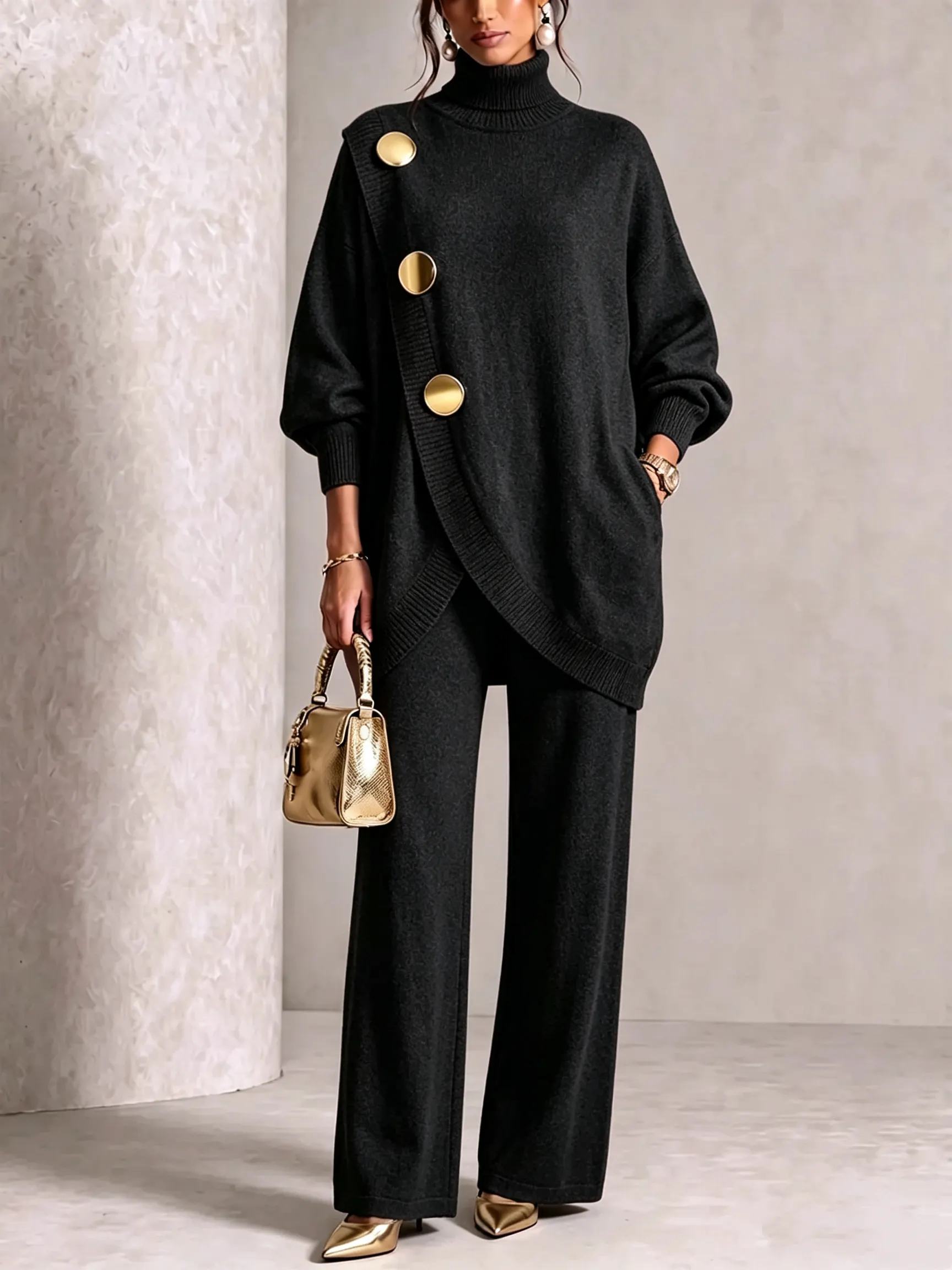 Gold-Button Asymmetric Knit Lounge Set