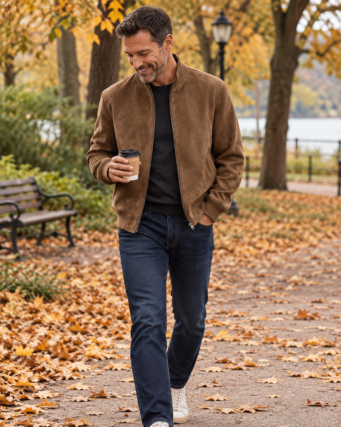Mature model walking through an autumn park in the brown jacket with takeaway coffee