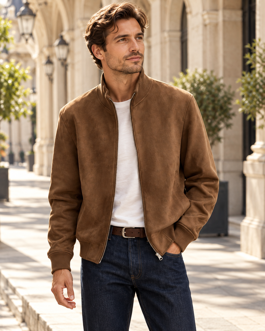 Brown suede-finish stand-collar zip jacket styled for a city walk