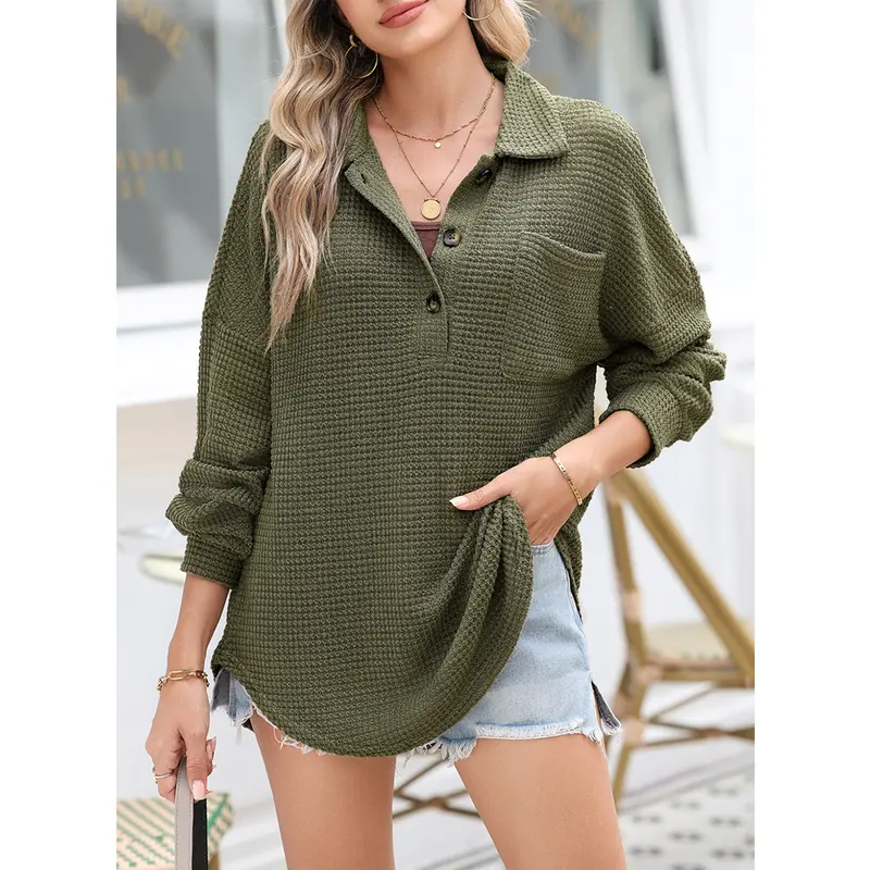 Women's Relaxed-Fit Waffle-Knit Henley Shirt