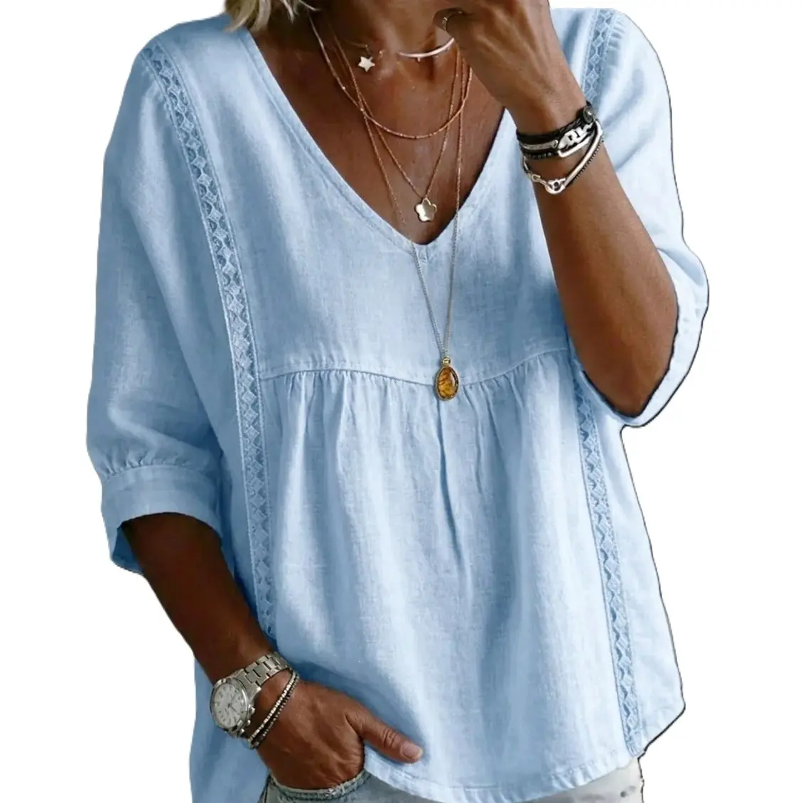 Stylish Loose-Fit V-Neck Lace Women's Top