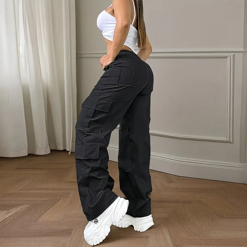 Women's cargo pants, straight-leg multi-pocket casual trousers