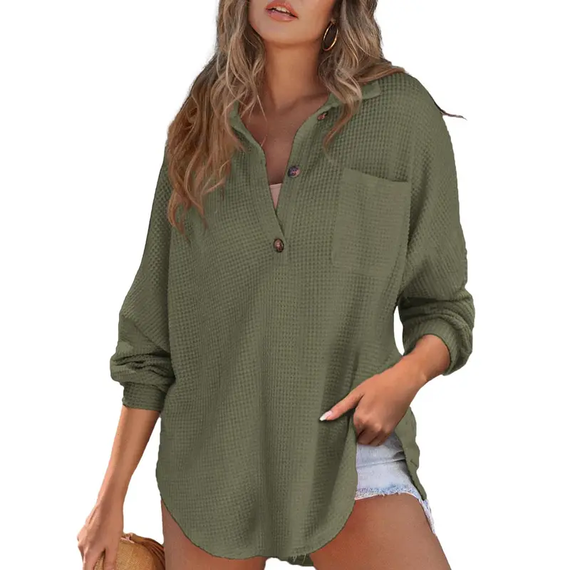 Women's Relaxed-Fit Waffle-Knit Henley Shirt