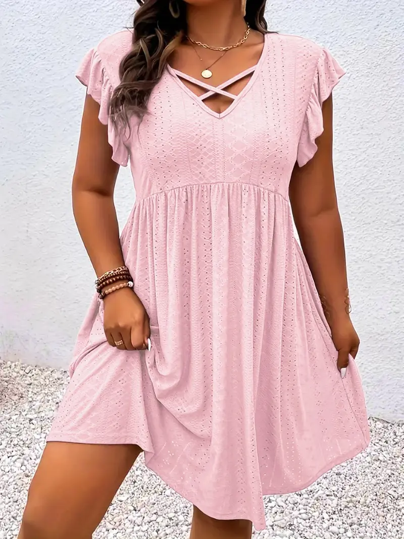 [Plus Size] Solid-Color Cut-Out V-Neck Dress