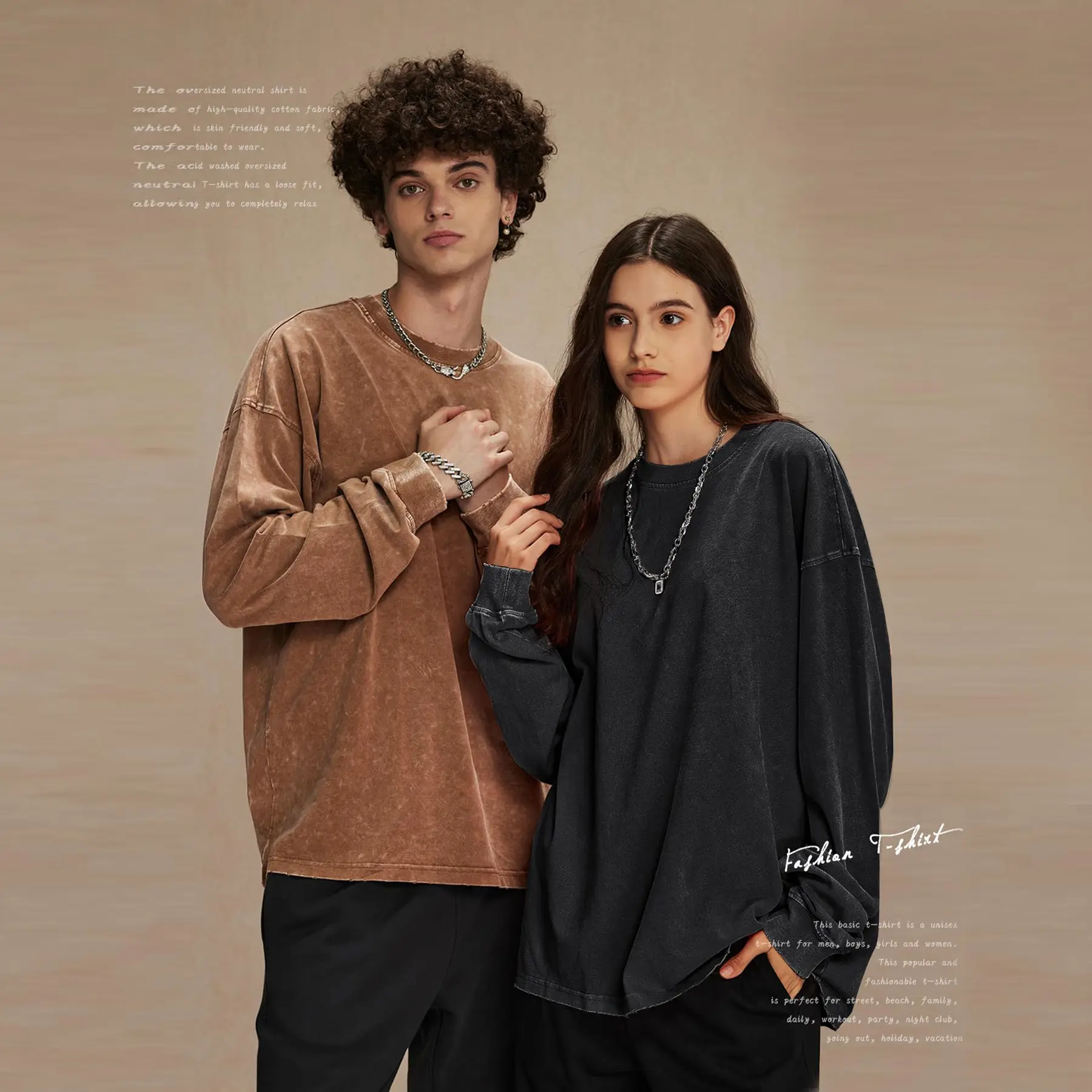Unisex Long-Sleeve Acid-Wash Cotton T-Shirt