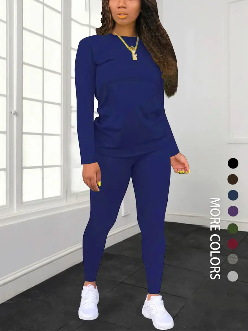 Women's Solid-Color Slim-Fit Long-Sleeve T-Shirt and Elastic-Waist Pants Set