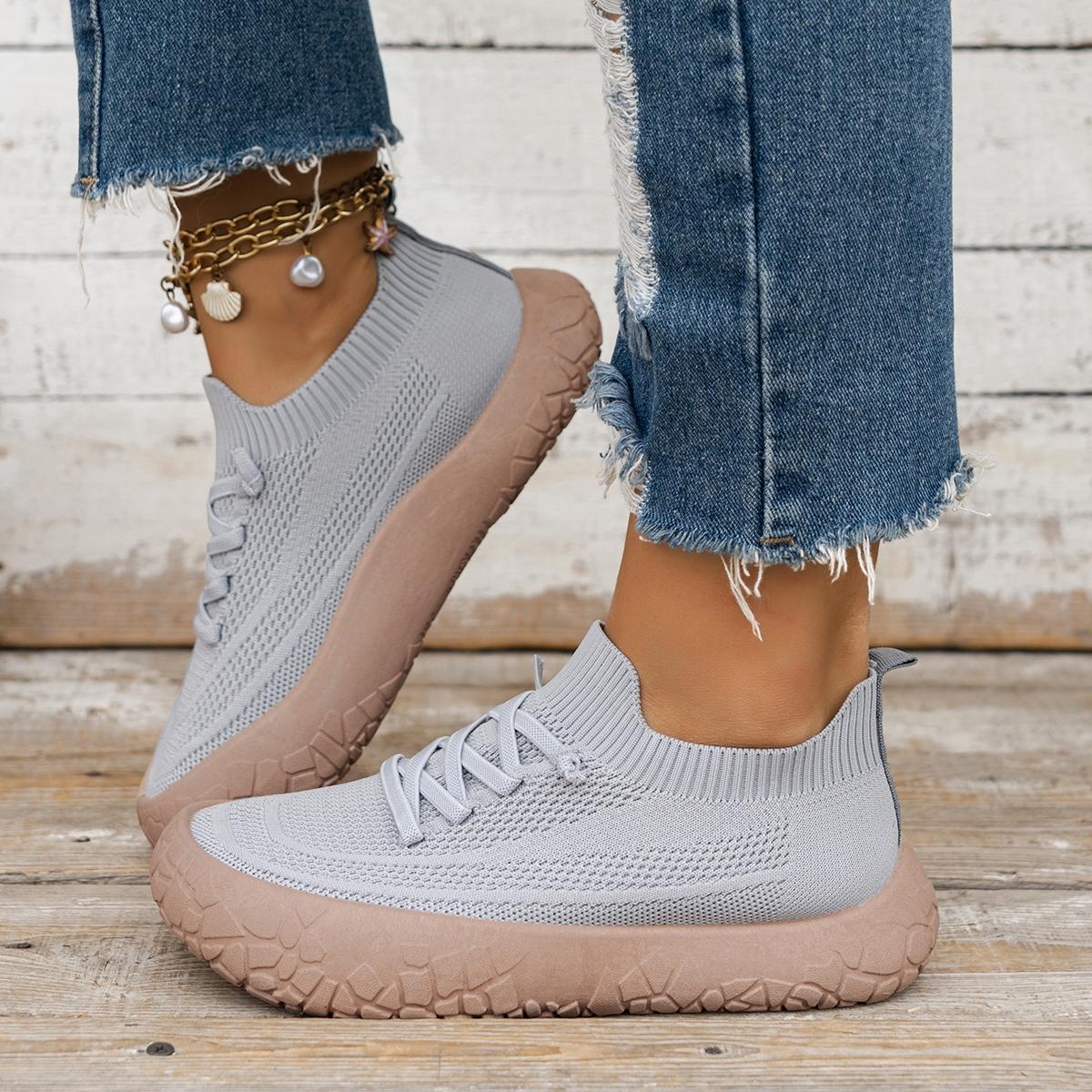 Women's Flyknit Breathable Slip-On Casual Rubber Shoes, Thick-Sole Anti-Slip Walking Flats, Multi-Color Options for Spring Footwear