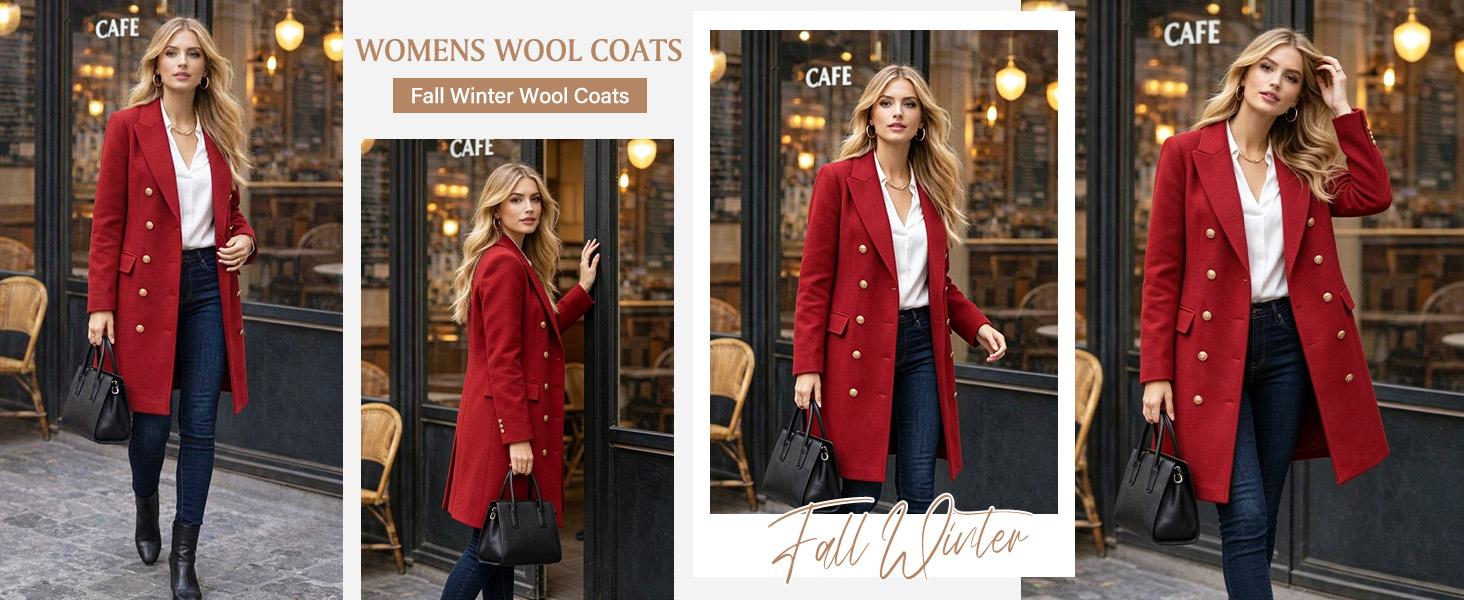 Yeokou Women's Fitted Slim-Fit Long-Sleeve Double-Breasted Wool-Blend Midi Peacoat for Fall Winter