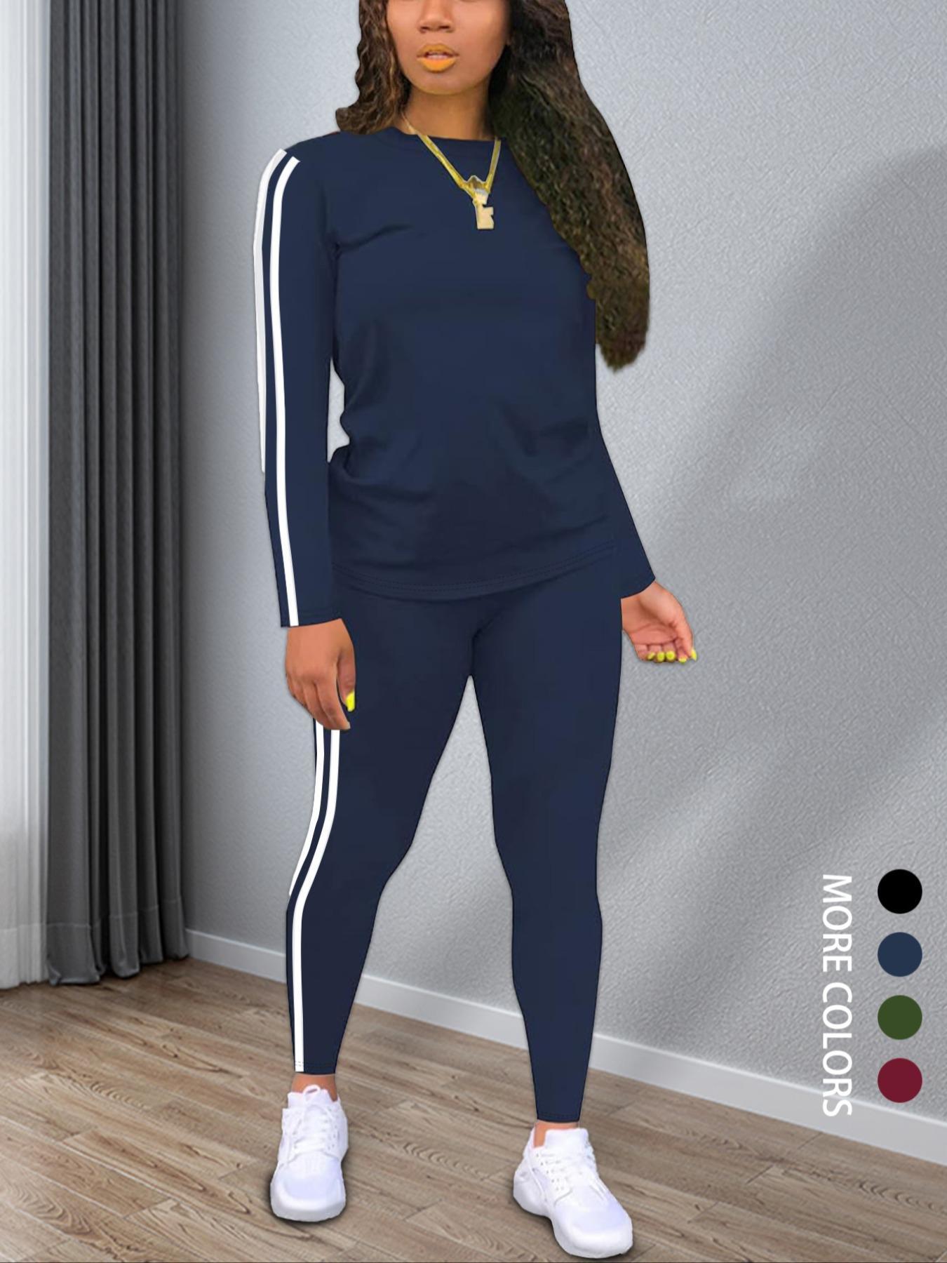 Women's Striped Print Fitted Long Sleeve Knitted Top & Pants Two-piece Set, Casual Style Set Cozy Round Neck Top & Trousers for Daily Outdoor Wear, Ladies Clothes for Spring, Everyday Womenswear Sweater Pant Set Outfit Women's Striped Print Fitted Long Sleeve Knitted Top & Pants Two-piece Set, Casual Style Set Cozy Round Neck Top & Trousers for Daily Outdoor Wear, Ladies Clothes for Spring, Everyday Womenswear Sweater Pant Set Outfit