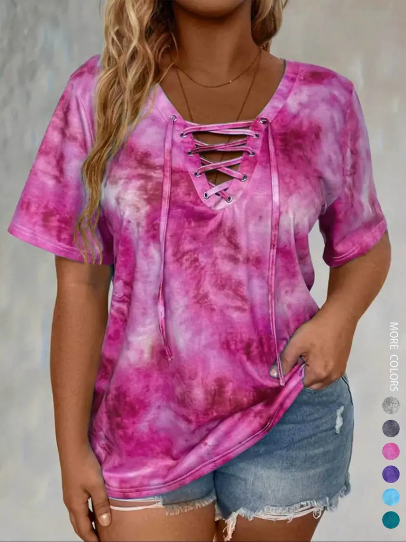 Women's Plus-Size Front-Lace-Up V-Neck T-Shirt