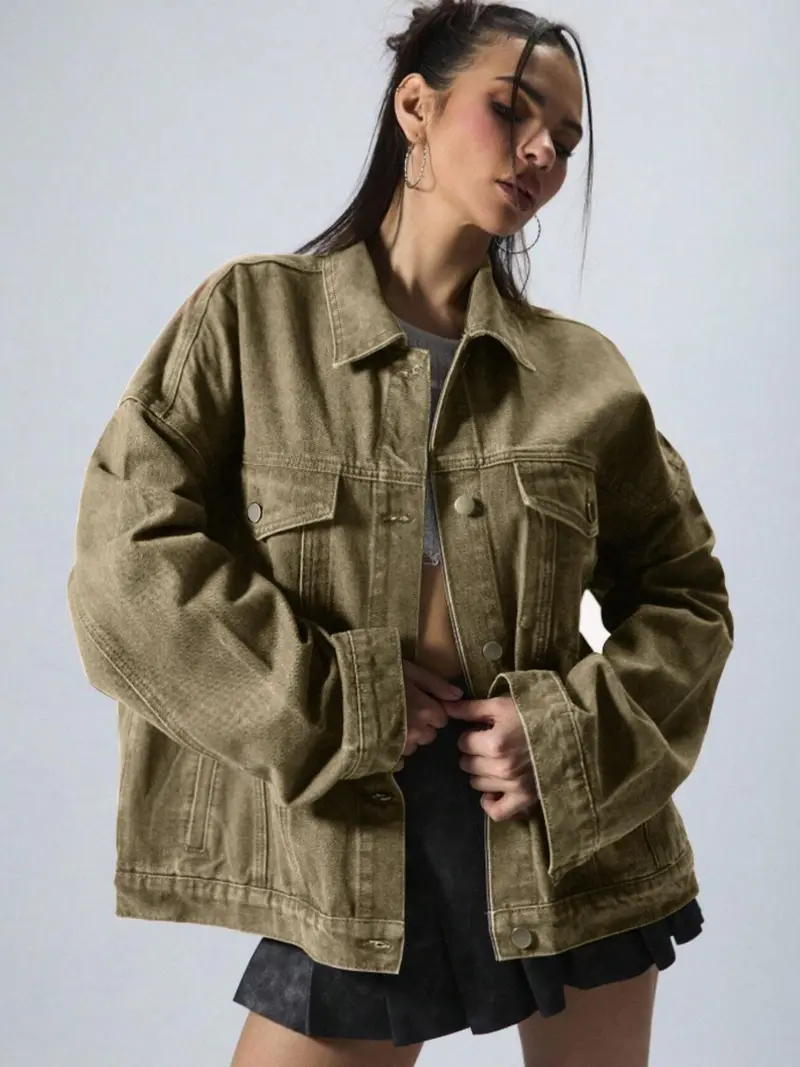 Women's Solid-Color Button-Front Slim-Fit Denim Jacket with Drop Shoulders
