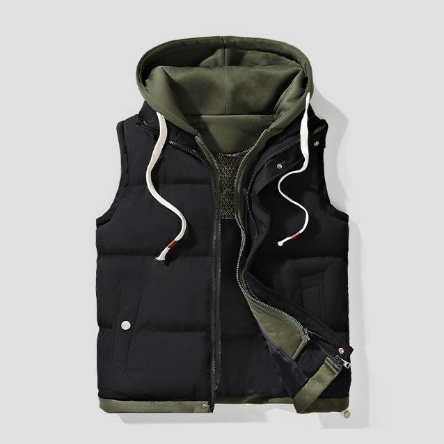 Autumn And Winter Couple Hooded Warm Vest, Fashionable Fake Two-Piece Design, Warm Polyester Fiber, Machine Washable, Winter Warmth, Outdoor Casual, Thickened, Couples, Jacket