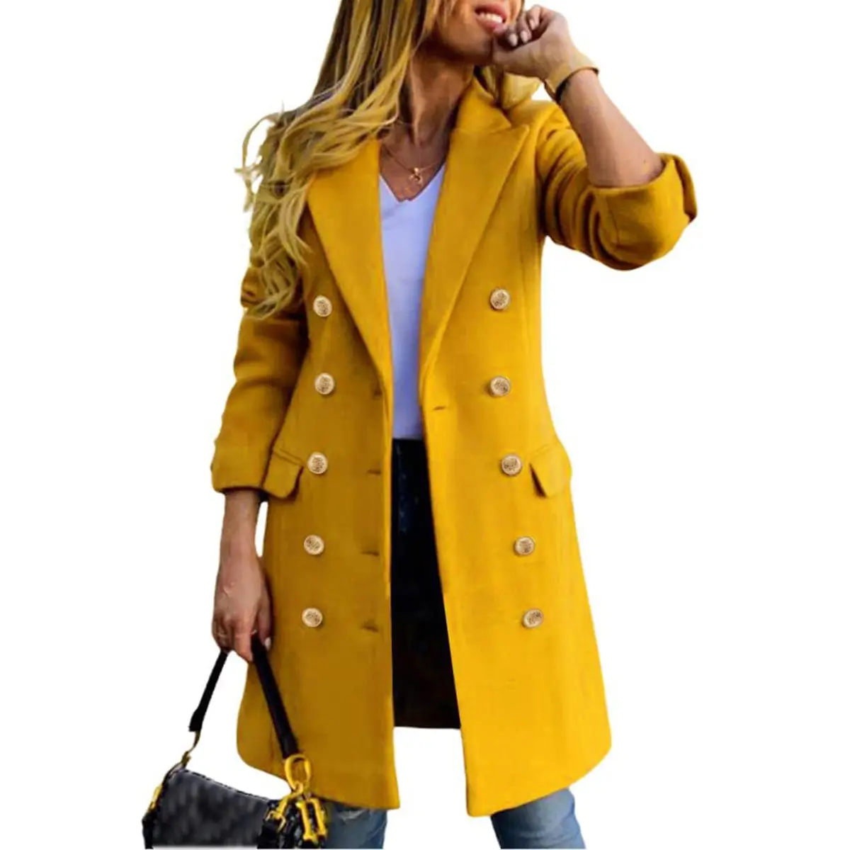 Women's Slim-Fit Double-Breasted Wool-Blend Mid-Length Coat