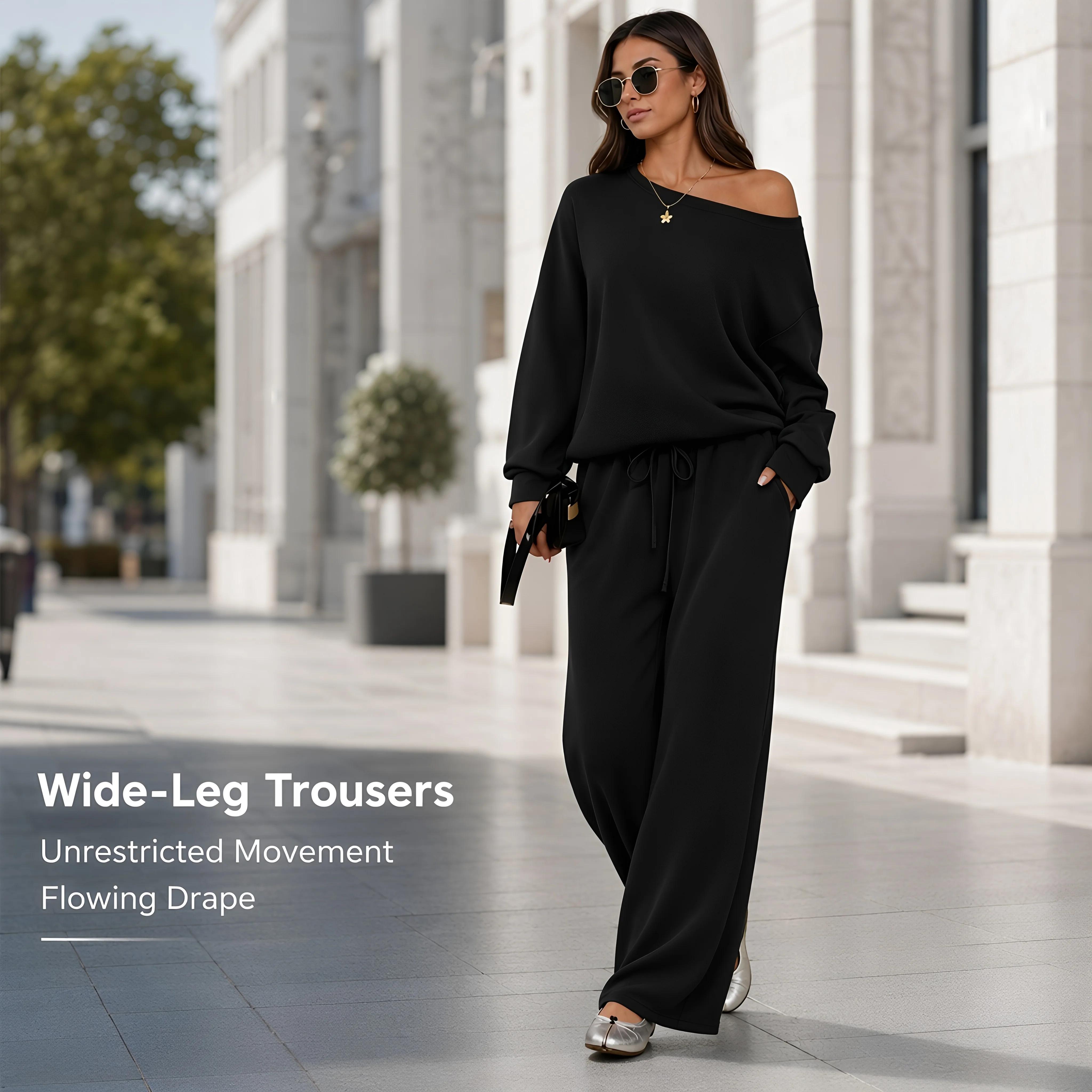 Women's 2026 Autumn Basic Loose Fit Leisure Solid Color Sloping Shoulder Long-Sleeve Full-Sleeve Scoop Neck Co-ord Set & Separates, Regular Wide Leg Trousers Casual Outfits, Longsleeves