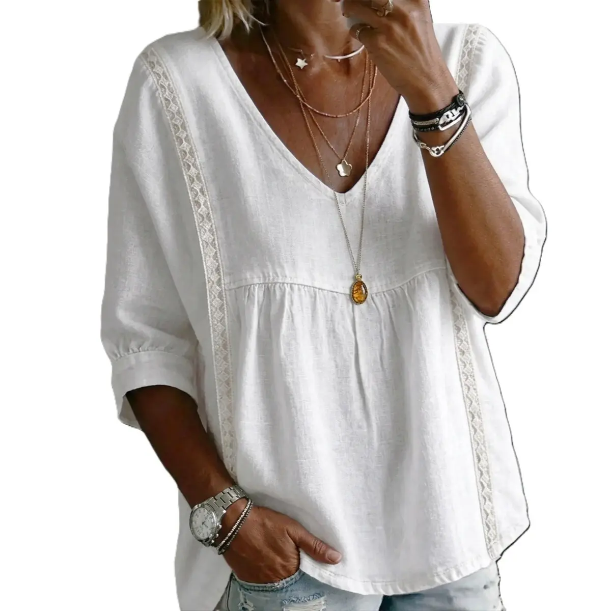 Stylish Loose-Fit V-Neck Lace Women's Top