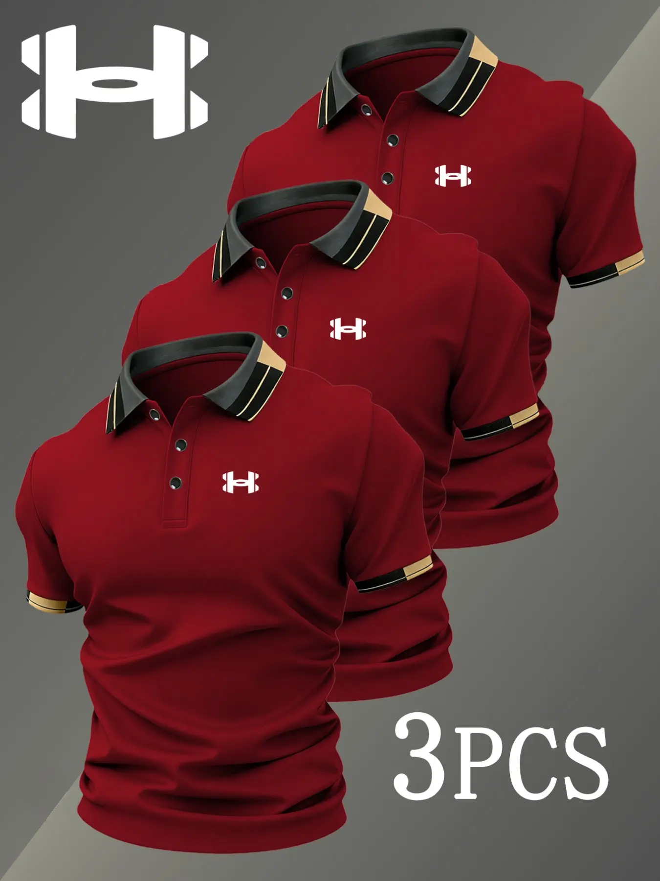 Men's Golf Polo Shirts Set with Logo Print and Geometric Pattern