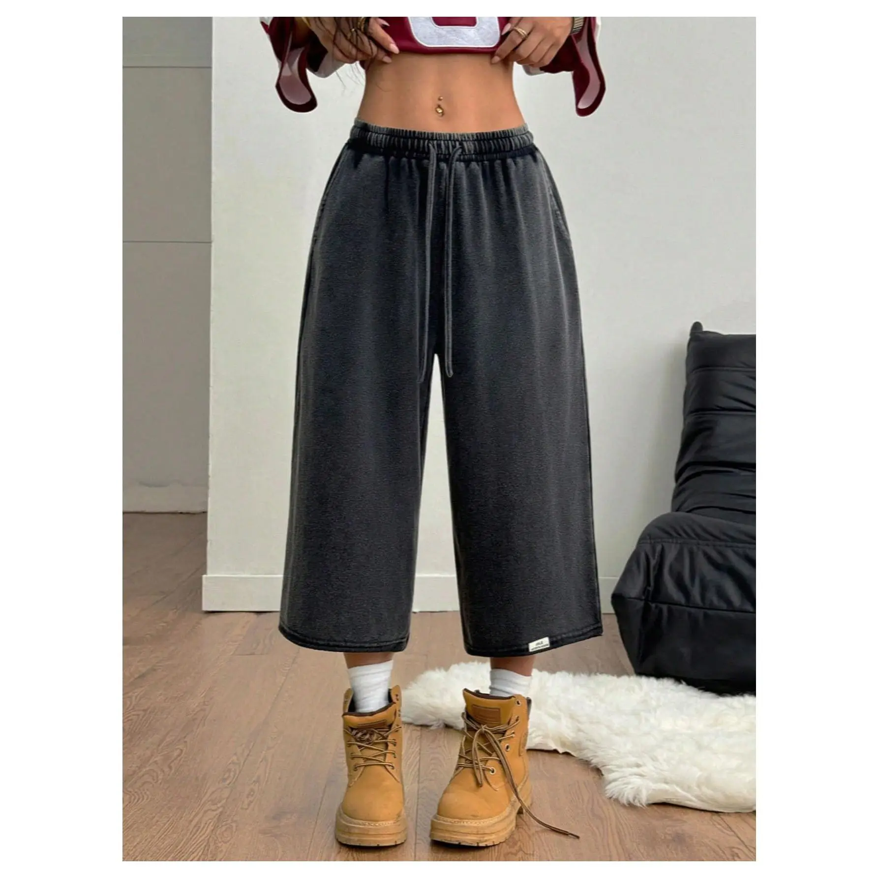 Drawstring Waist Workout Sweat Shorts Wide Leg Baggy Washed Cropped Pants with Pockets Drawstring Waist Workout Sweat Shorts Wide Leg Baggy Washed Cropped Pants with Pockets
