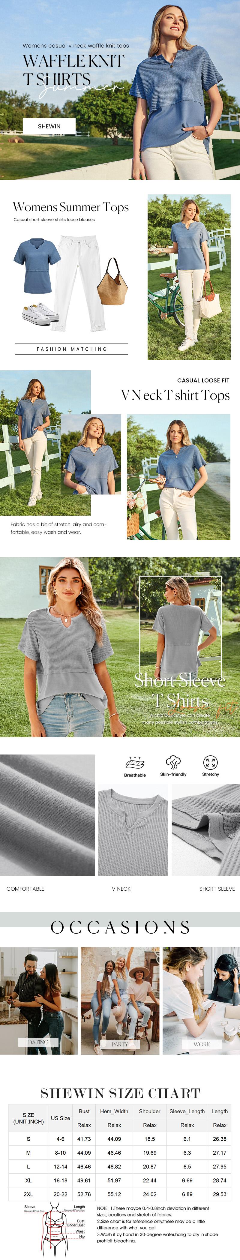 Shewin Women's Waffle Knit Tunic Top, Casual V-Neck Short Sleeve Loose Fit Shirt, Lightweight Basic Summer Clothes for Beach, Party,back to school,back to school shopping, Fits, Fabric