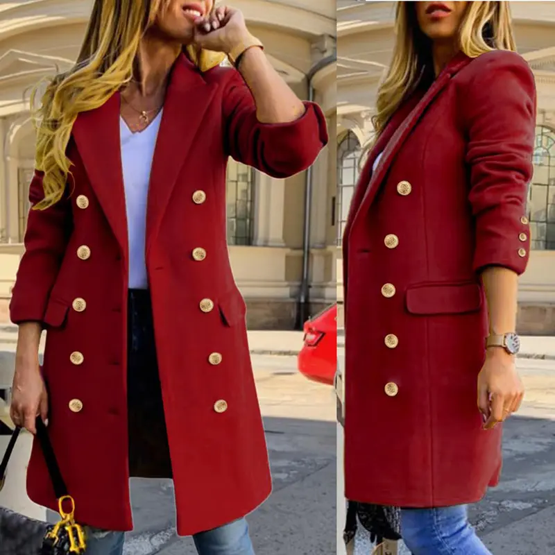 Women's Slim-Fit Double-Breasted Wool-Blend Mid-Length Coat