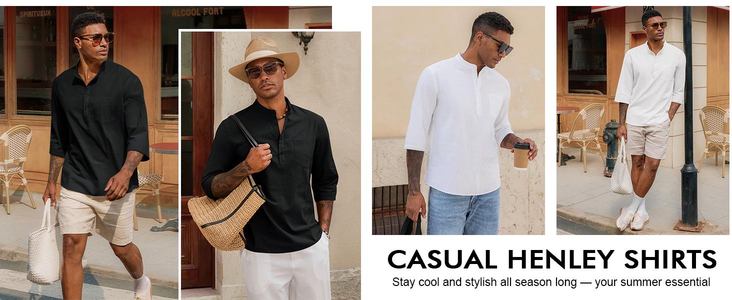 Runcati Mens Casual Henley Shirts 3/4 Sleeve Band Collar Cotton Linen Shirt Summer Beach Hippie T-Shirts with Pocket Runcati Mens Casual Henley Shirts 3/4 Sleeve Band Collar Cotton Linen Shirt Summer Beach Hippie T-Shirts with Pocket