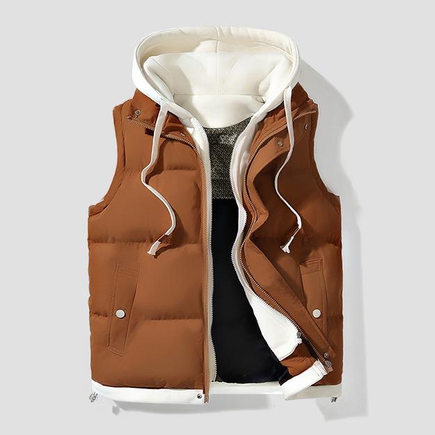 Autumn And Winter Couple Hooded Warm Vest, Fashionable Fake Two-Piece Design, Warm Polyester Fiber, Machine Washable, Winter Warmth, Outdoor Casual, Thickened, Couples, Jacket