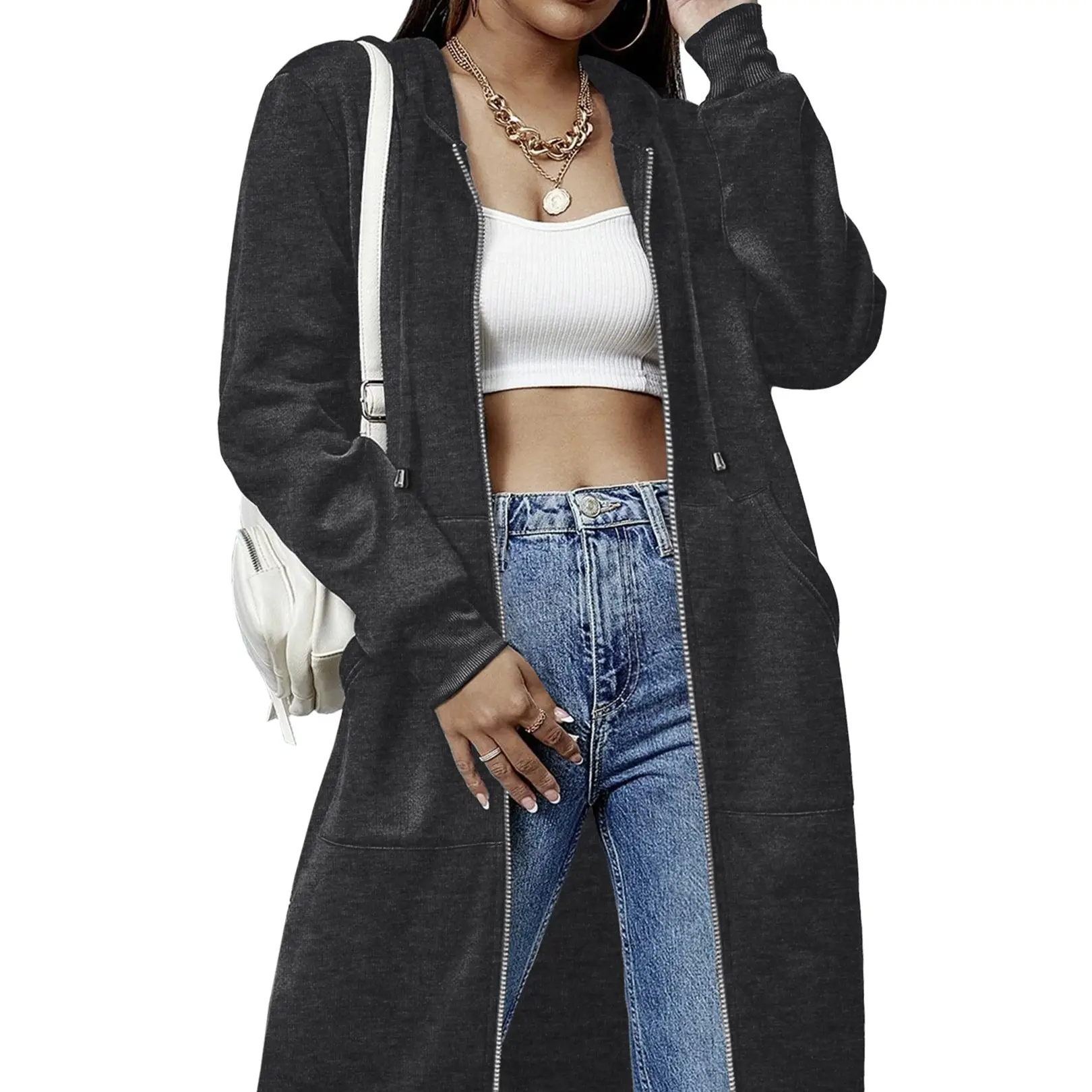 Women's Casual Long-Length Zip-Up Fleece Hoodie/Jacket