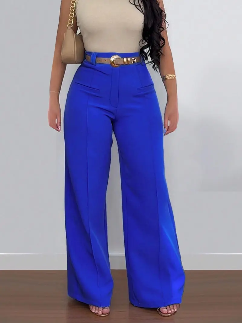 Women's Solid-Color Wide-Leg Stretch Knit Pants with Pockets