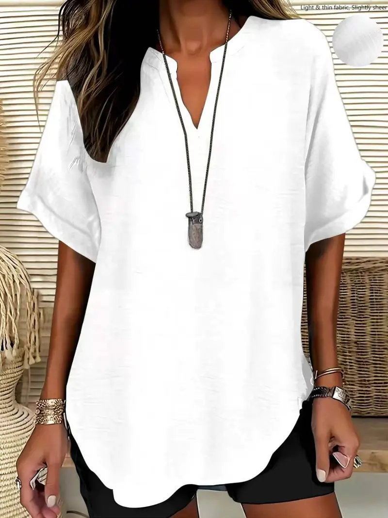 Women's Elegant and Simple Loose-Fit Short-Sleeve V-Neck Polyester Shirt