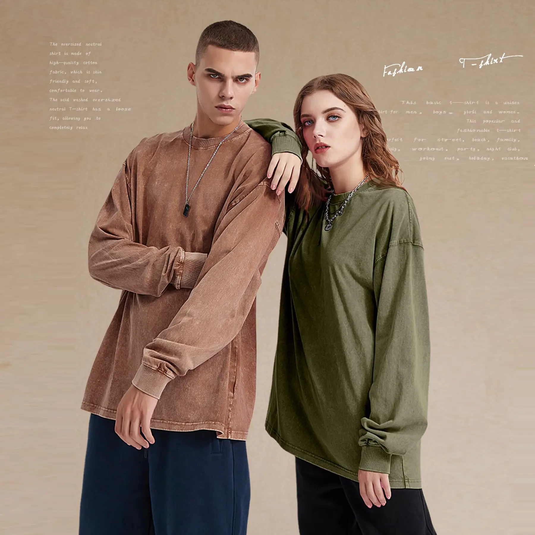 Unisex Long-Sleeve Acid-Wash Cotton T-Shirt