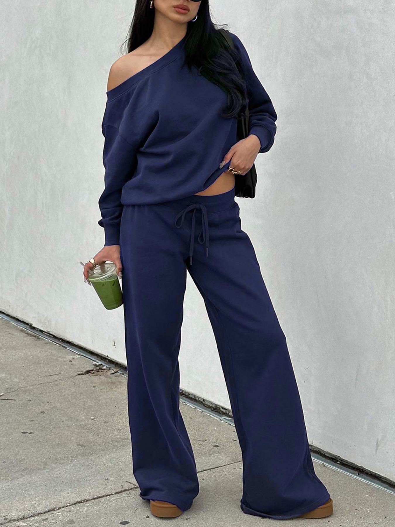 Women&lsquo;s Off the Shoulder Long Sleeve Jumper & Pants, 2 Piece Set Casual Fashion Set Fall Basic Sweatsuit Outfits, Jumper Suit, Womenswear, Sweatshirt, Clothes, Lady