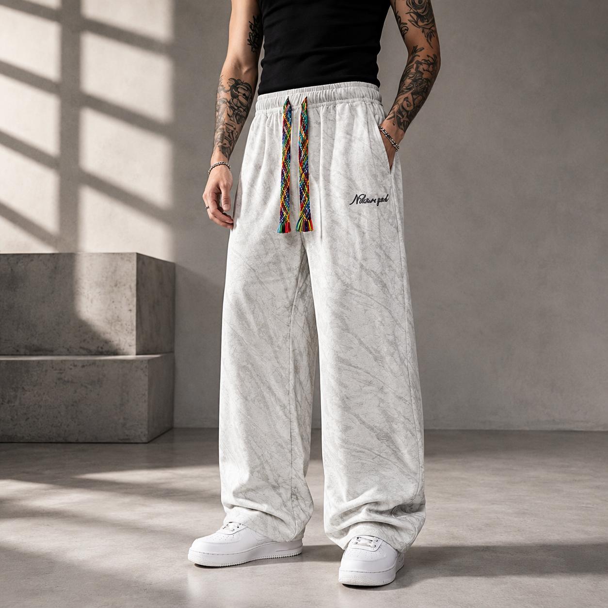 Unisex wide-leg athletic pants with marble texture, street-style running/basketball long pants featuring multicolor drawstrings and embroidered logo, summer edition Unisex wide-leg athletic pants with marble texture, street-style running/basketball long pants featuring multicolor drawstrings and embroidered logo, summer edition