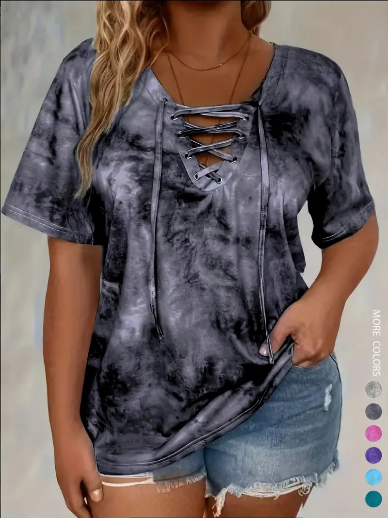 Women's Plus-Size Front-Lace-Up V-Neck T-Shirt