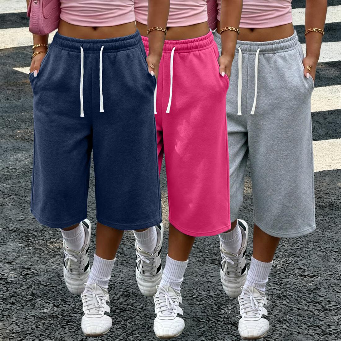 Women’s 1–3-pack solid-color three-quarter wide-leg loose pants — with pockets, elastic waistband, lightweight fleece fabric, summer casual basic pants — without pockets Women’s 1–3-pack solid-color three-quarter wide-leg loose pants — with pockets, elastic waistband, lightweight fleece fabric, summer casual basic pants — without pockets