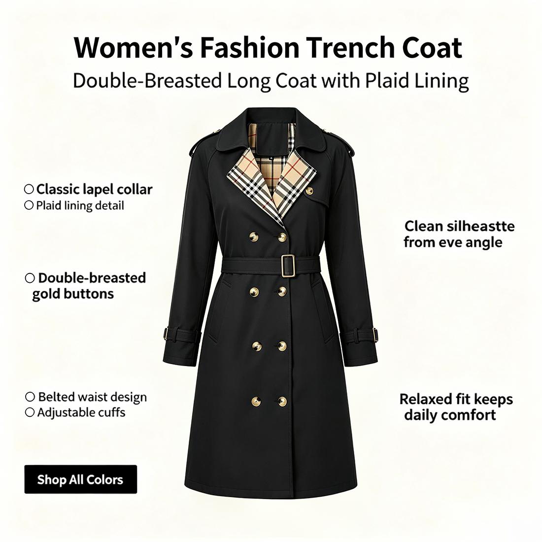 Women&rsquo;s fashion trench coat &ndash; double-breasted long design with a turn-down collar and plaid lining, featuring a waist belt for cinching; classic British-style outerwear suitable for everyday commuting, office wear, travel, and dates. sohochic