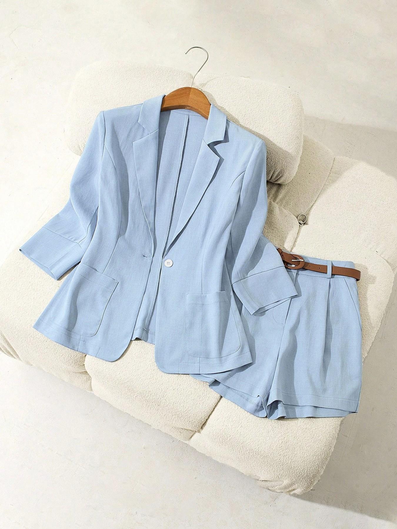 Women's Commuter Office Style Basic Suit with Pockets, 2-Piece Set V-Neck Jacket and Short Pants Set, Essential Womenswear for Work/Travel, Business Casual Suits Women's Commuter Office Style Basic Suit with Pockets, 2-Piece Set V-Neck Jacket and Short Pants Set, Essential Womenswear for Work/Travel, Business Casual Suits
