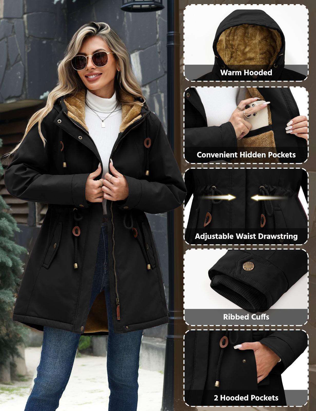 UMIPUBO Women's Fleece Lined Warm Parka Jacket - Water Repellent, Hooded, Long Sleeve, with Pockets, Warm & Cozy Women's Fleece Jackets for Daily Commute, Casual Tops Womenswear Outerwear Autumn Outerwear Casual Outdoor Outerwears