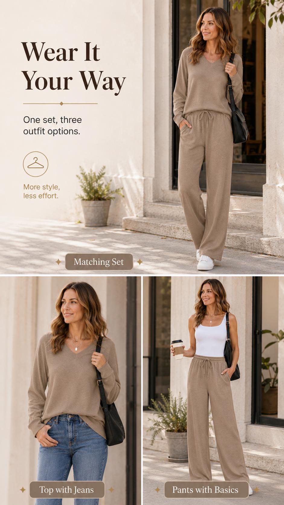 WIHOLL Lounge Sets for Women 2026 V Neck 2 Piece Outfits Airport Wide Leg Pants Matching Set Sweatsuits, Lady, Casual, Pajama Set, Comfy Sets
