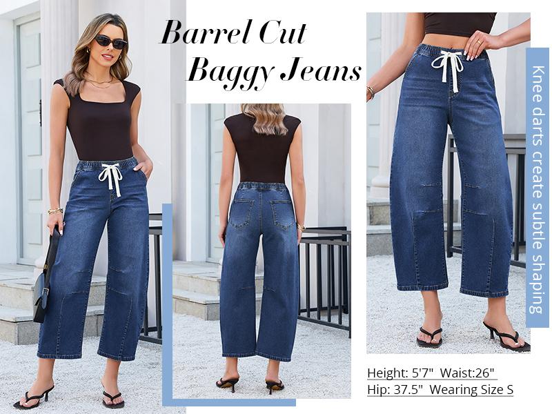 GRAPENT Women's Barrel Jeans, High-Rise Elastic Waist Cropped Wide Leg Jeans, Cotton Flex Magic Stretch Denim Pants for Daily Chill Wear, Cropped Flare Jeans,summerwins,summeroutfits,vacationoutfits,beachoutfits,back to school shopping backtoschool
