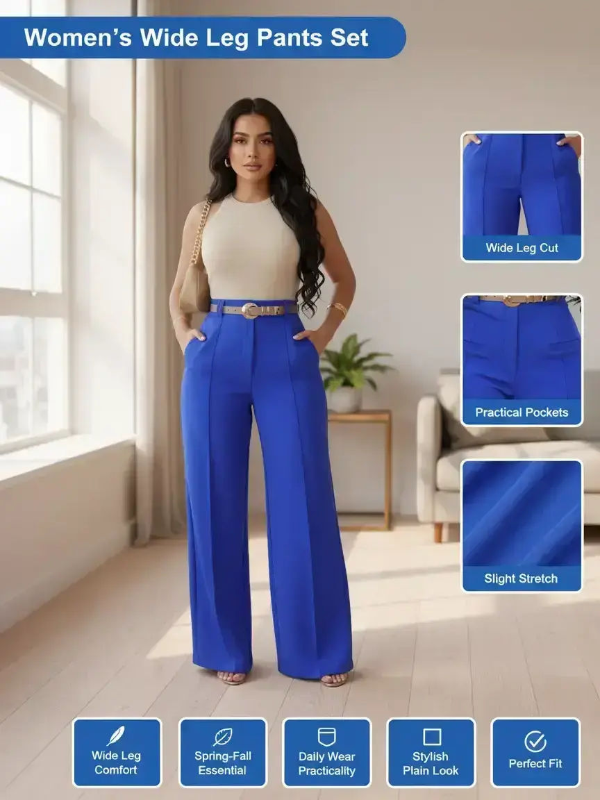 Women's Plain Pocket Wide Leg Stretchy Jersey Pants, Casual Minimalist Pants, Casual Comfy Trousers for Spring & Fall, Women's Bottoms for Daily Wear, Casual Fashion Pants, Blue, Casual Fitted Bottoms Women's Plain Pocket Wide Leg Stretchy Jersey Pants, Casual Minimalist Pants, Casual Comfy Trousers for Spring & Fall, Women's Bottoms for Daily Wear, Casual Fashion Pants, Blue, Casual Fitted Bottoms