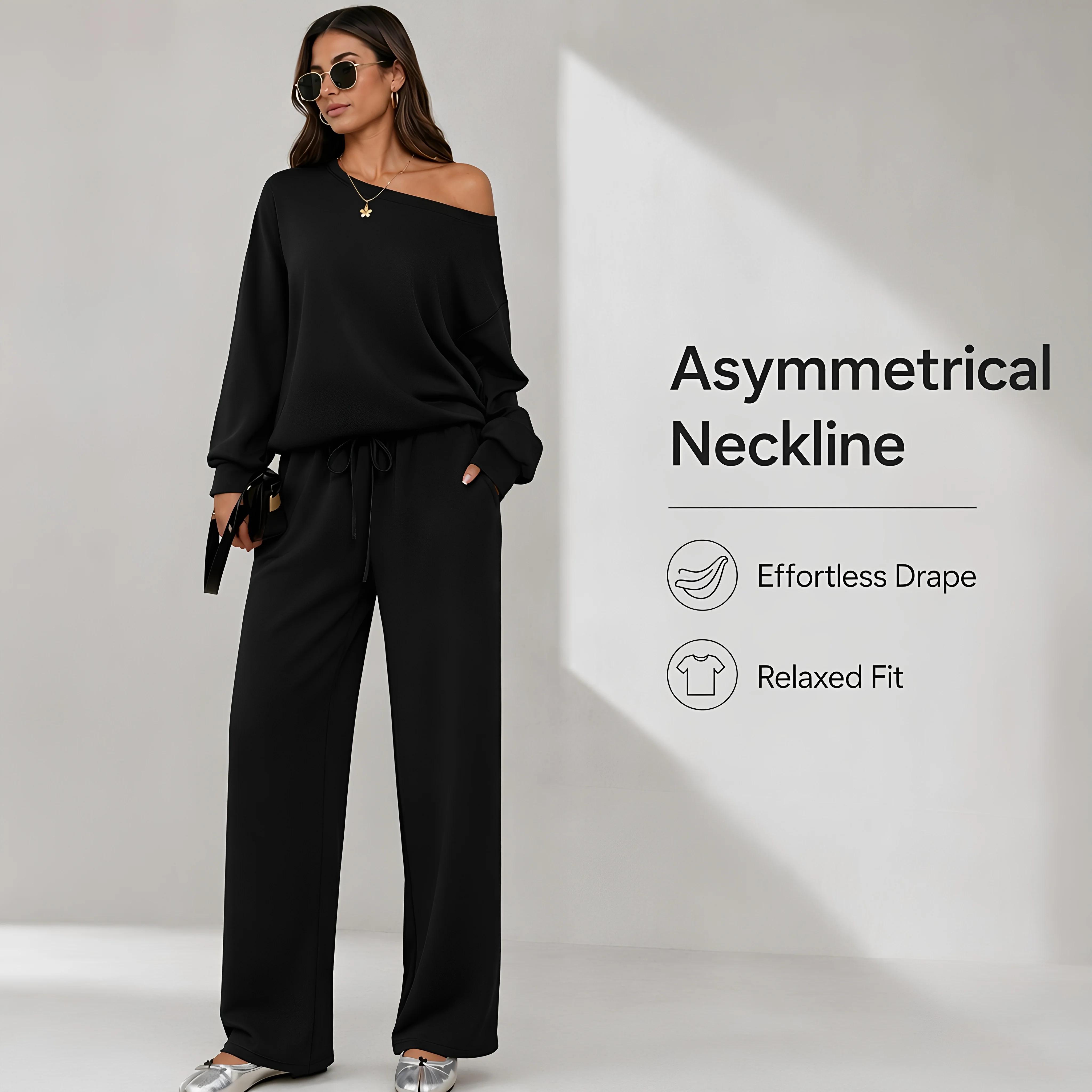 Women's 2026 Autumn Basic Loose Fit Leisure Solid Color Sloping Shoulder Long-Sleeve Full-Sleeve Scoop Neck Co-ord Set & Separates, Regular Wide Leg Trousers Casual Outfits, Longsleeves
